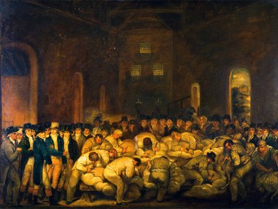 De graaf van Leicester en andere toeschouwers bij een schapenscheerwedstrijd in de grote schuur van Holkham Hall door Thomas Weaver